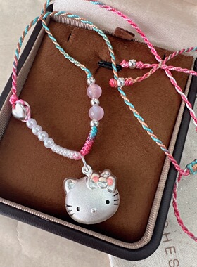 凯蒂猫足银999猫头纯银hellokitty桃花编绳凯蒂猫银项链吊坠