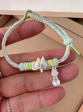 足银999kitty猫纯银可爱卡通手绳精编绳挂件装饰手链小朋友礼物