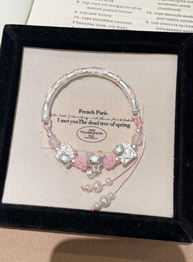 足银999发财可爱卡通kitty猫半镯编绳手链纯银半镯送女友铃铛手链