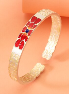 足银999描金珐琅海棠花手镯女国风新中式轻奢小众设计银镯子礼物