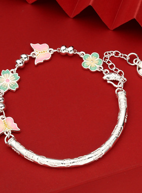 足银999珐琅滴油蝴蝶手镯2026年夏季新款甜美彩色花朵半镯手链