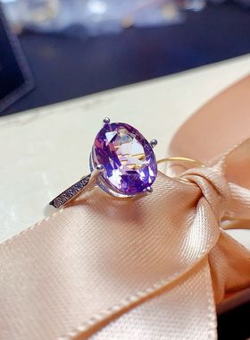 盈诺珠宝925纯银镶嵌天然紫水晶戒指女轻奢戒指女款开口调节戒子
