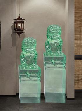 酒店大厅招财透明金箔狮子落地摆件树脂拴马桩售楼部玄关貔貅雕塑