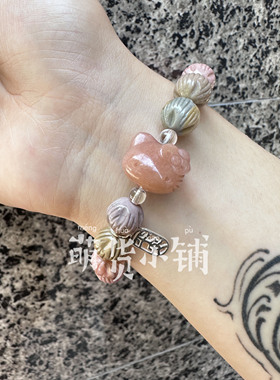 萌货小铺原创DIY浅橘kt马卡龙百香籽天然阿拉善玛瑙手链手串礼物