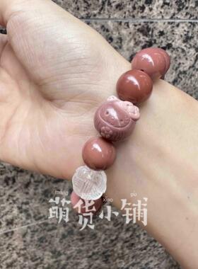 萌货小铺原创手作DIY阿拉善玛瑙俏色kitty达摩橘粉色手链手串微瑕