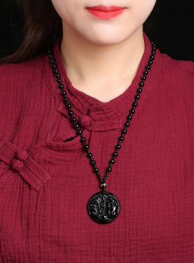 天然黑曜石平安扣貔貅吊坠霸王公母双貔恘皮丘挂件挂坠项链男士女