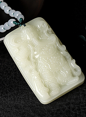 天然和田玉项链关公吊坠