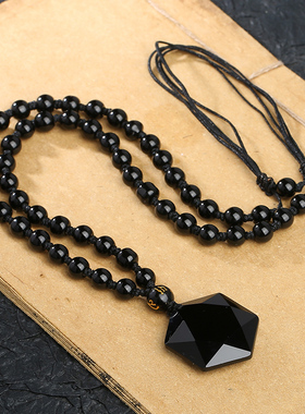 刻字黑曜石吊坠男蓝砂石六芒星项链潮男女星空饰品石水晶挂坠礼物