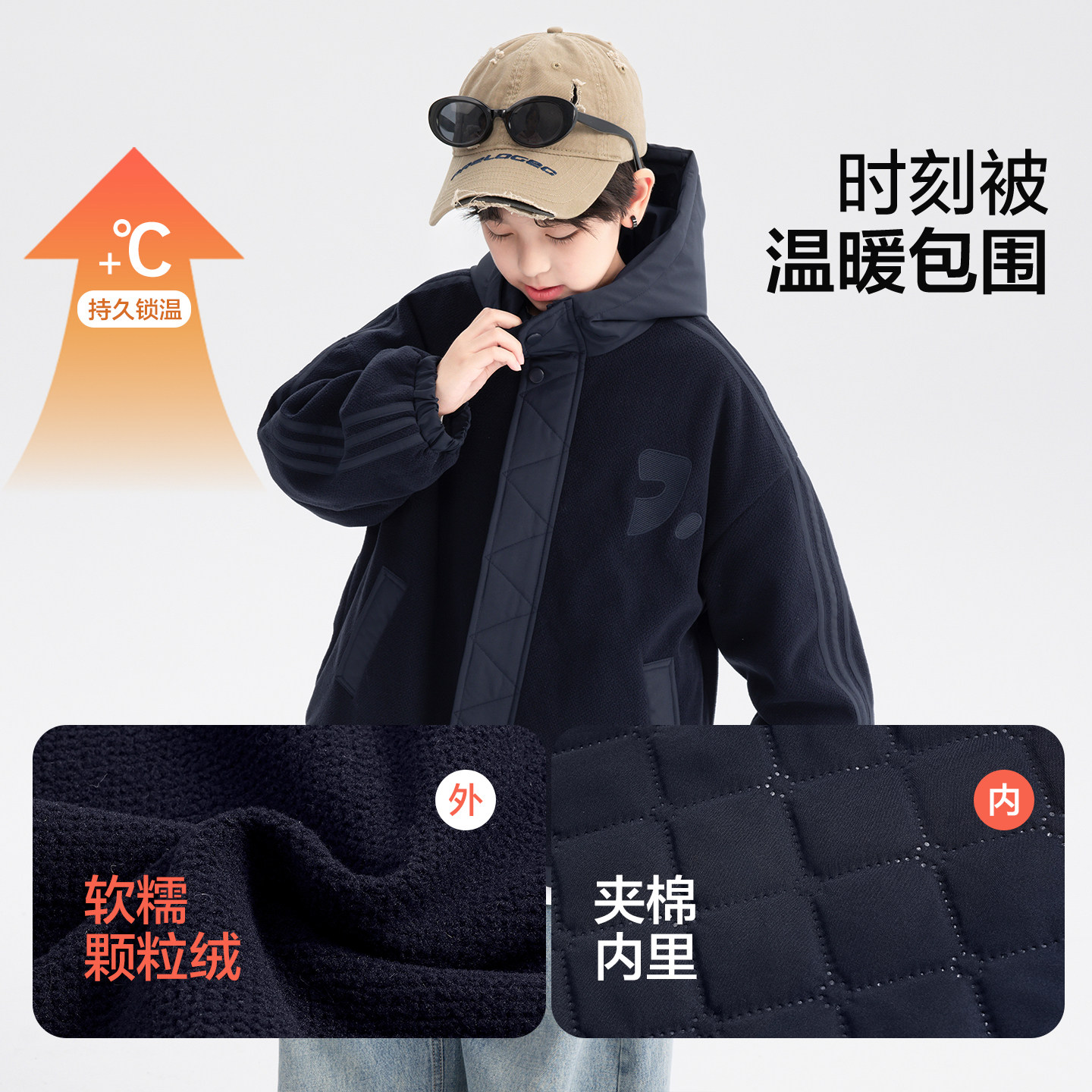 男童秋冬韩范摇粒绒拼接夹棉外套2025新款青少年儿童冬季加厚棉服,淘宝优惠券,粉丝福利购,淘宝优惠卷