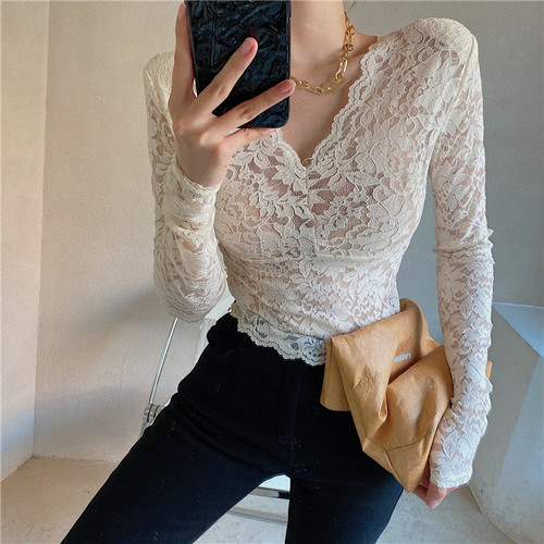 性感v领蕾丝打底衫女士2022年新款春秋季短款内搭长袖小衫上衣潮 - 图0