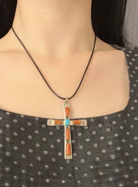 925银绿松石十字架吊坠古董首饰