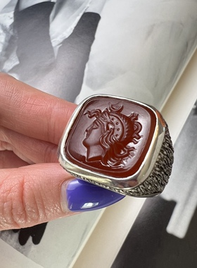 古董首饰925纯银戒指红玛瑙印章