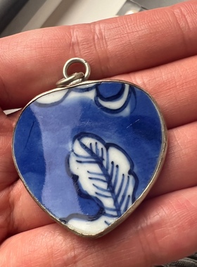 Amy’s古董首饰S925纯银吊坠老瓷片吊坠手绘民国青花瓷吊坠项链