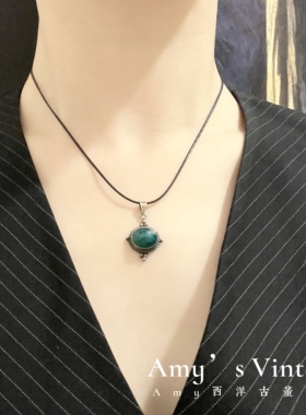 Vintage古董首饰中古饰品925银吊坠蓝绿色玛瑙小吊坠 欧美银饰