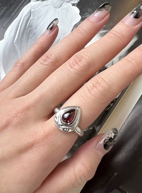 古董首饰925纯银戒指天然石榴石