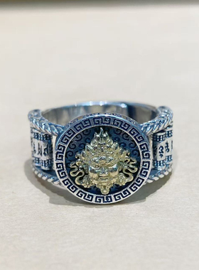 S925纯银黄财神戒指复古工艺小众设计文玩配饰男士大气时尚银指环