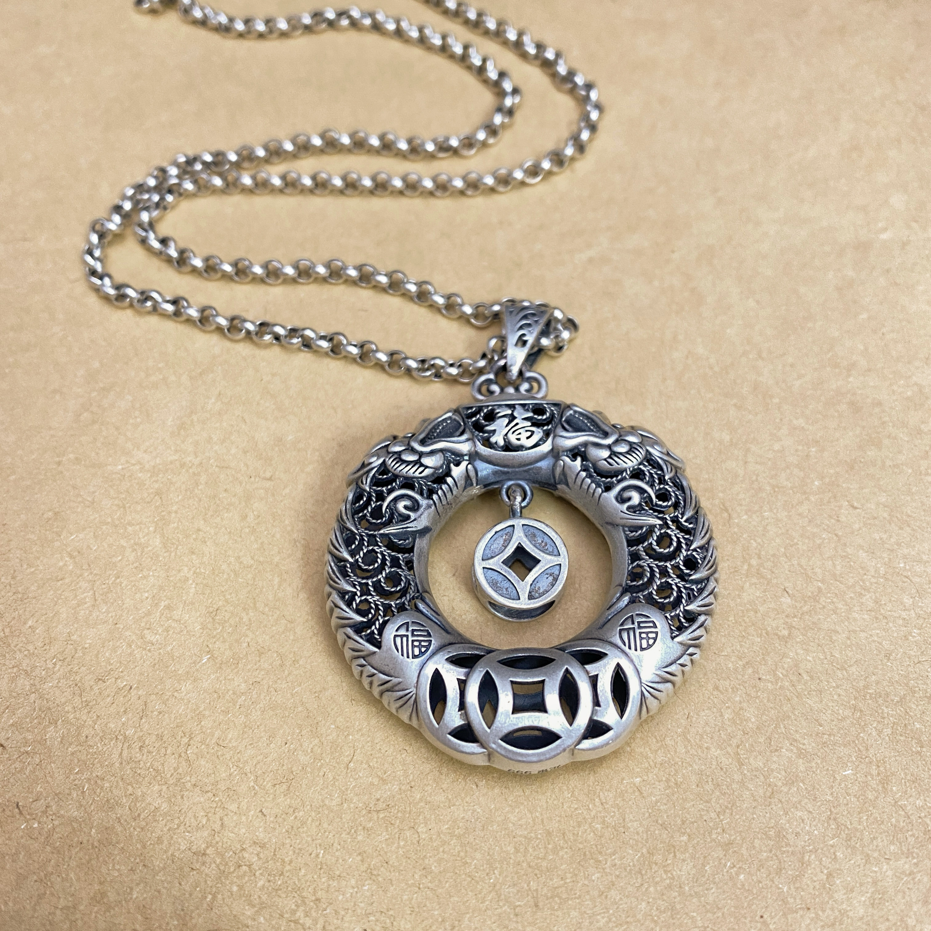 纯银999双龙平安扣吊坠复古民族风项链毛衣链男士女款银饰挂件,淘宝优惠券,粉丝福利购,淘宝优惠卷