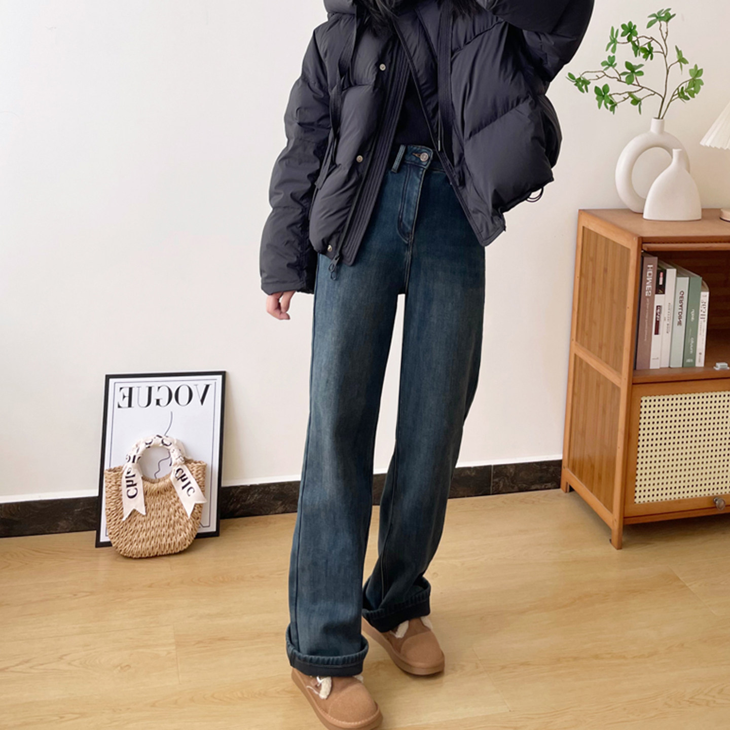 大码胖mm超柔软羊羔绒加绒加厚保暖牛仔裤女高腰显瘦阔腿阔腿裤子,淘宝优惠券,粉丝福利购,淘宝优惠卷