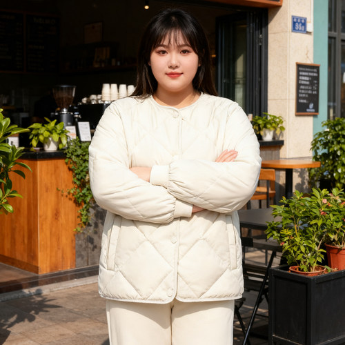 秋冬新款大码女装胖mm加厚保暖菱格羽绒棉服女宽松小个子棉衣外套 - 图0