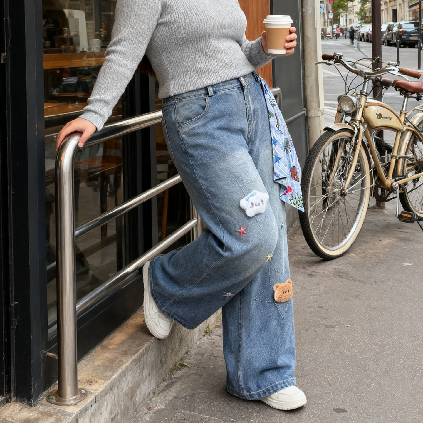 2025秋季大码胖mm星星小熊刺绣牛仔裤女宽松显瘦直筒设计感阔腿裤,淘宝优惠券,粉丝福利购,淘宝优惠卷