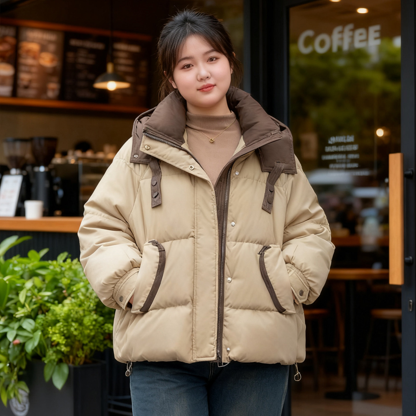 大码胖mm撞色拼接连帽羽绒棉服女冬季加厚保暖百搭面包服棉衣外套,淘宝优惠券,粉丝福利购,淘宝优惠卷