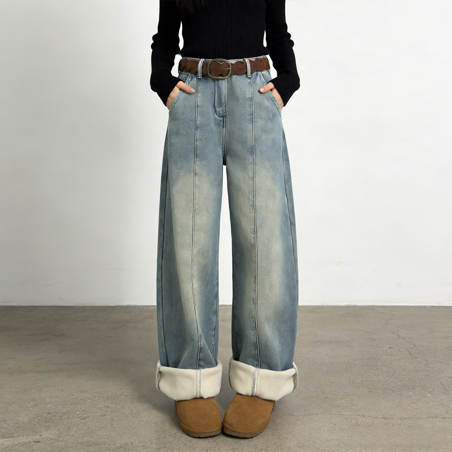 300斤大码胖mm高腰水洗弯刀阔腿牛仔裤女宽松直筒加绒加厚拖地裤,淘宝优惠券,粉丝福利购,淘宝优惠卷