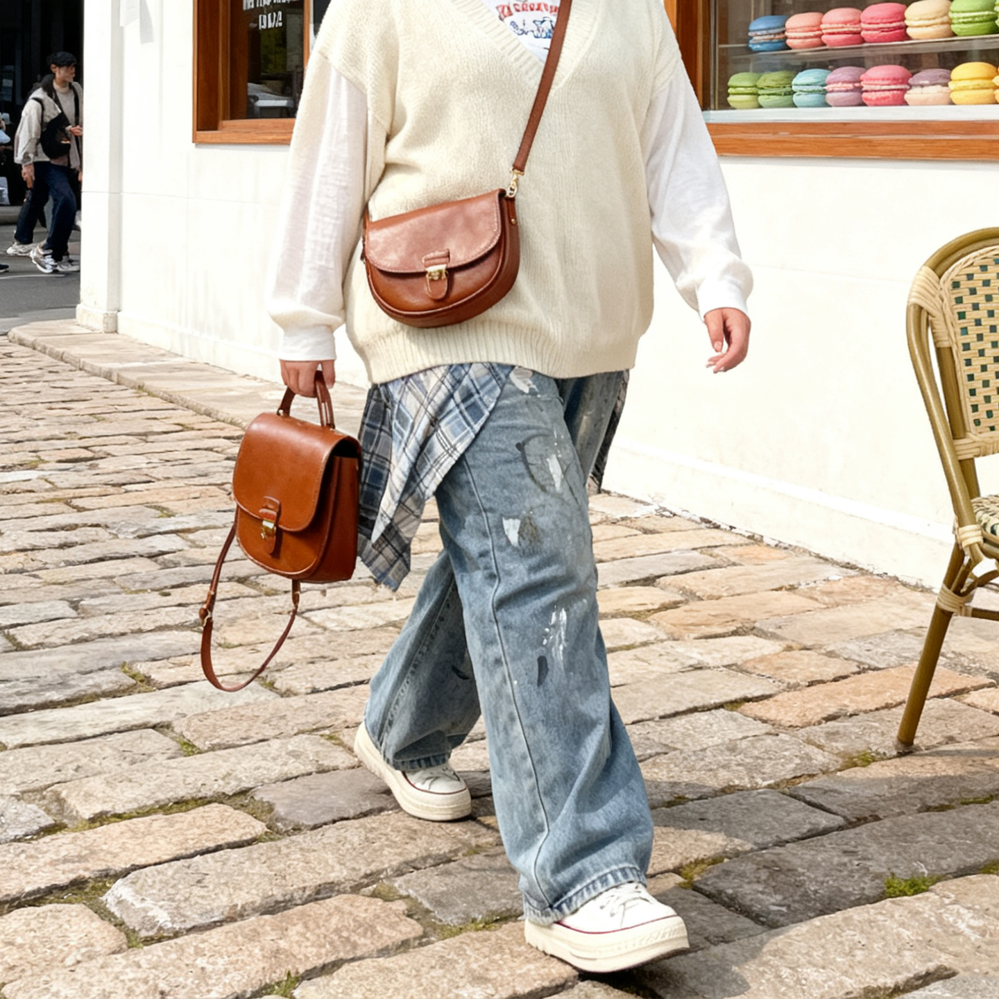 300斤大码胖mm美式复古泼墨格纹拼接屁帘牛仔裤女宽松显瘦阔腿裤 - 图3