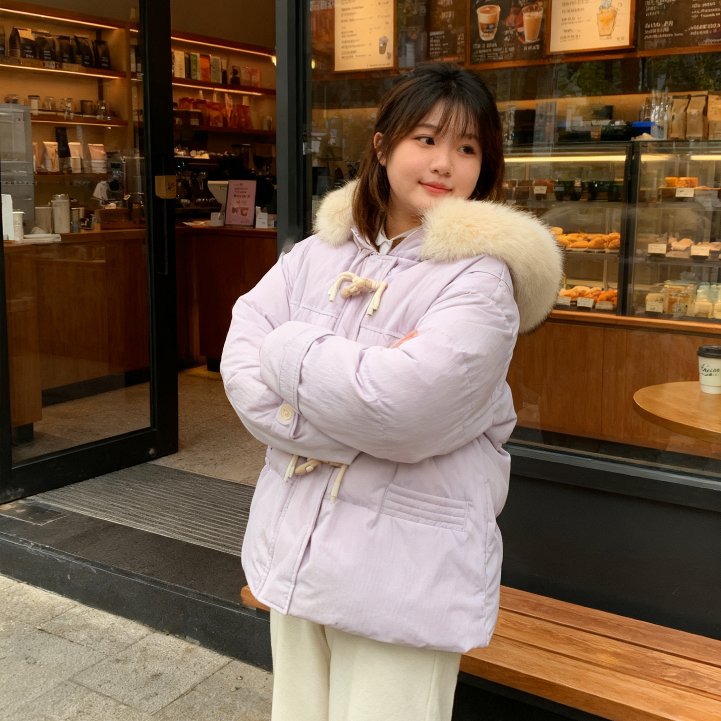 冬季大码胖mm牛角扣羽绒棉服女宽松学院风加厚保暖面包服棉衣外套 - 图1