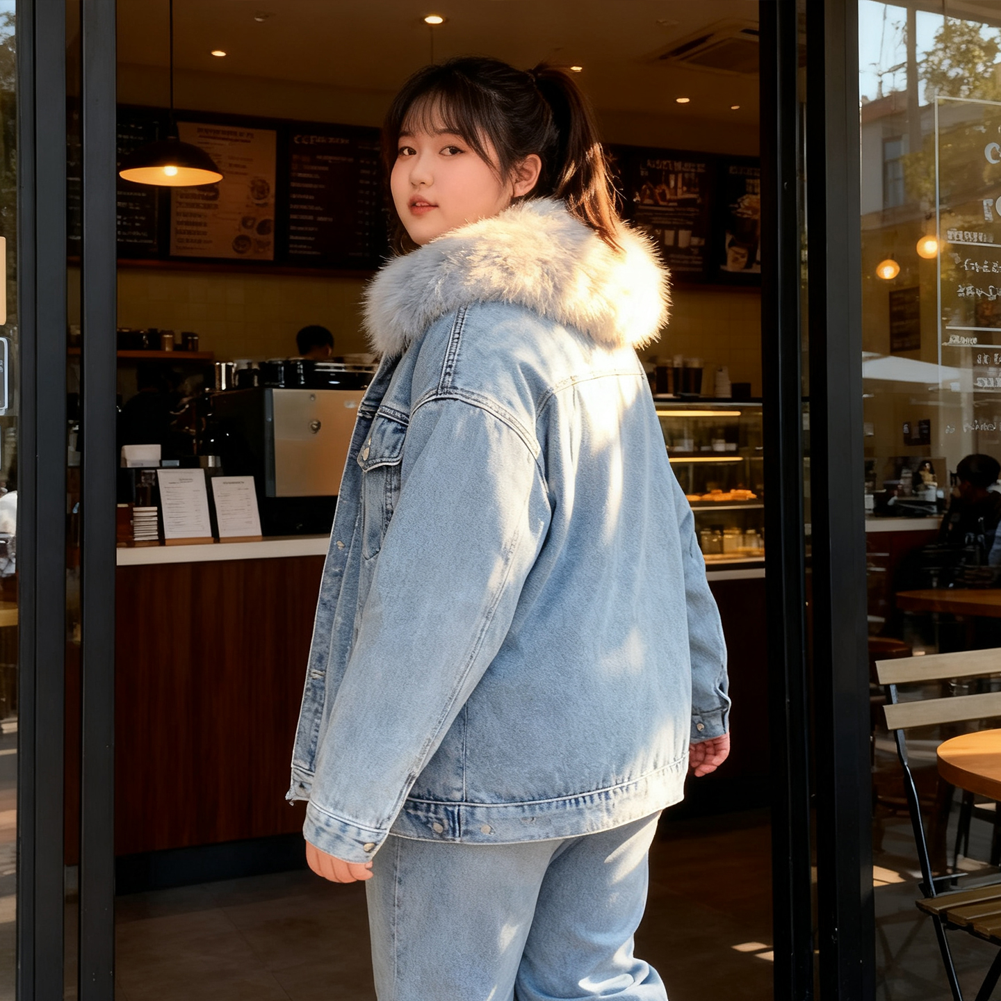 秋冬款大码女装胖mm宽松大毛领牛仔外套女大衣休闲加厚保暖派克服 - 图0