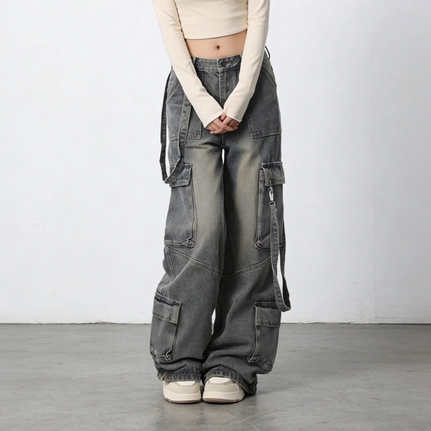 大码胖mm美式高街风复古阔腿牛仔裤女多口袋宽松做旧显瘦工装裤子,淘宝优惠券,粉丝福利购,淘宝优惠卷