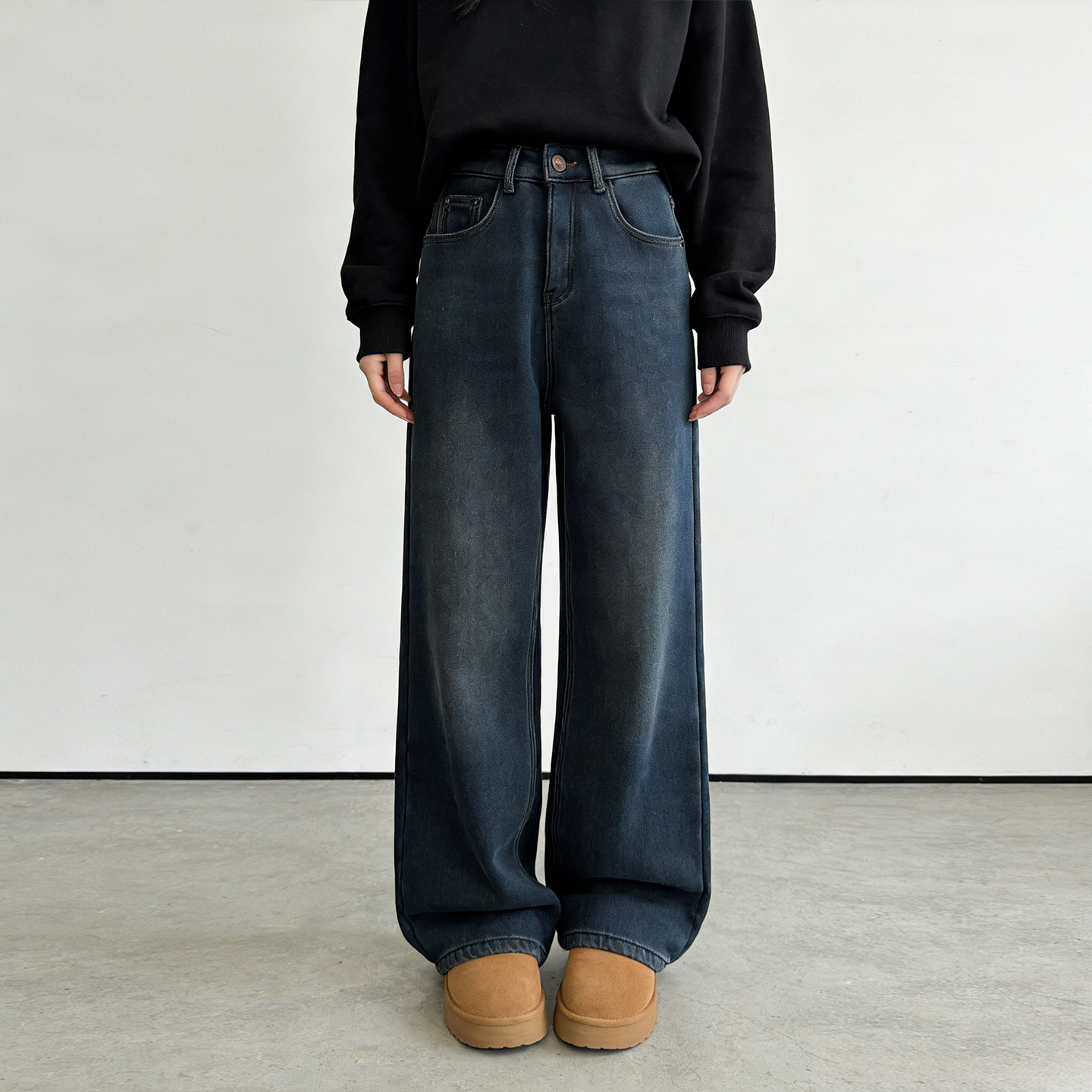 300斤大码胖mm宽松阔腿直筒牛仔裤女冬季加绒加厚高腰垂感保暖裤,淘宝优惠券,粉丝福利购,淘宝优惠卷