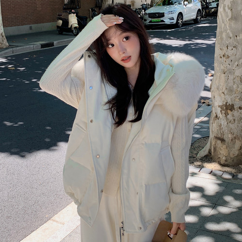 大码女装胖mm慵懒风大毛领连帽棉服马甲女加厚保暖不臃肿棉袄外套 - 图3