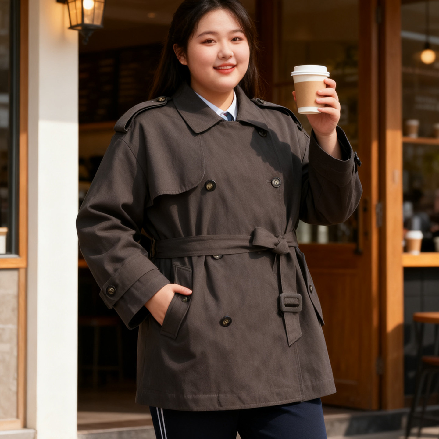 大码女装胖mm翻领英伦风双排扣风衣外套女慵懒风百搭高级感大衣潮,淘宝优惠券,粉丝福利购,淘宝优惠卷