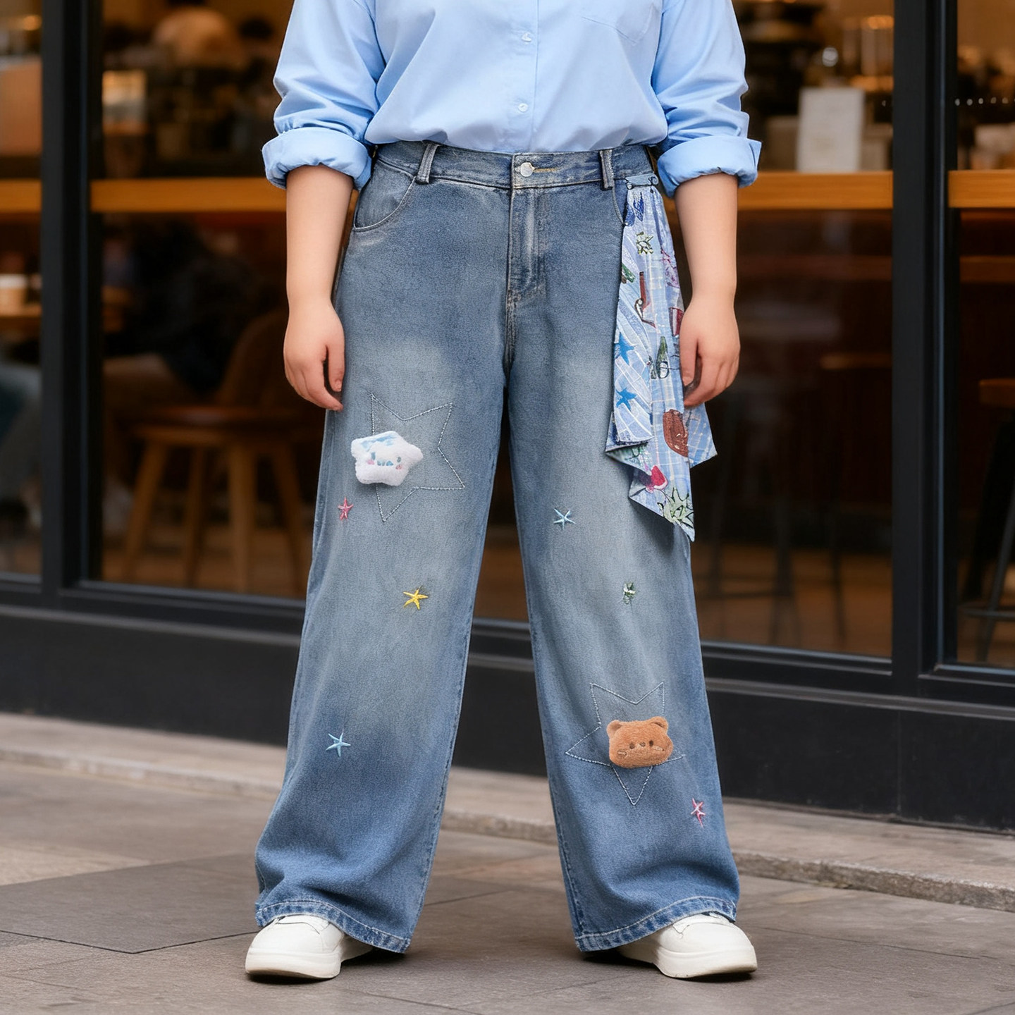 2025秋季大码胖mm星星小熊刺绣牛仔裤女宽松显瘦直筒设计感阔腿裤,淘宝优惠券,粉丝福利购,淘宝优惠卷