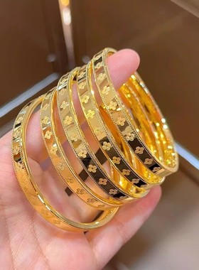 【久不褪色】正品越南沙金女士四叶草手镯黄金色转运珠素金手环