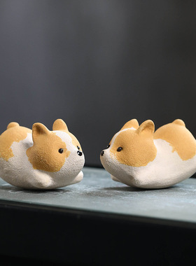 紫砂茶宠狗柯基小摆件手工不倒翁小飞基茶玩茶具配件家居装饰可养