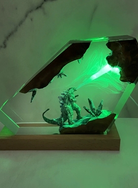 实木树脂摆件哥斯拉喷火彩灯氛围感小夜灯床头灯圣诞节日创意礼物