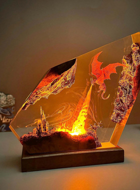 手作魔戒火焰山熔岩巨龙喷火龙树脂小夜灯桌面氛围灯摆件创意礼物