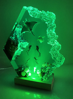 实木树脂海底世界魔鬼鱼潜水员水母氛围灯小感夜灯圣诞节日礼物