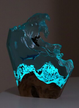 海底世界景观海浪造型鲸鲨鱼水母冲浪男孩小夜灯床头灯氛围灯摆件