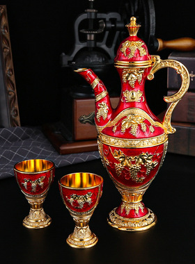 欧式金属创意花纹白酒酒具酒杯酒壶套装提篮提子酒壶茶壶茶杯摆件