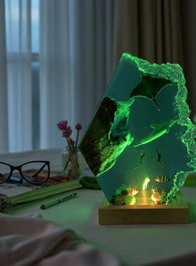 海底世界景观溶洞魔鬼鱼海豚潜水员热带鱼珊瑚礁小夜灯床头灯摆件