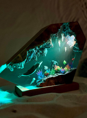手作海底世界章鱼座头鲸和水母树脂小夜灯氛围灯床头灯礼物摆件
