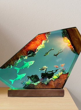 把海洋带回家大白鲨潜水员海龟沉船珊瑚礁小夜灯床头灯氛围灯摆件