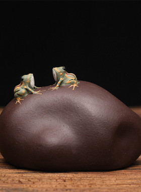 紫砂茶宠茶玩喷水青蛙石头双喷水茶具创意摆件雕塑宜兴原矿礼物