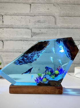 手作海底世界景观座头鲸章鱼水母树脂实木小夜灯氛围灯摆件礼物