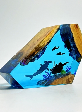 海底世界景观溶洞锤头鲨鱼情侣潜水员沉船珊瑚礁小夜灯床头灯摆件