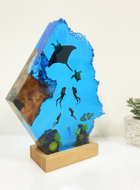 海底世界景观溶洞魔鬼鱼蝙蝠鱼潜水员海龟热带鱼小夜灯床头灯摆件