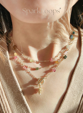 SparkLoops 碧玺链 10月生辰石天然碧玺链多层叠戴/毛衣链/锁骨链