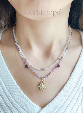 SparkLoops 紫月 2月/6月生辰石紫水晶印度月光石叠戴项链/锁骨链
